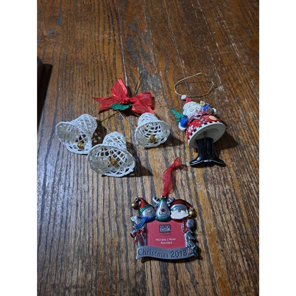 Lot 3 Christmas Holiday Tree Ornaments Crochet Bells Santa Claus